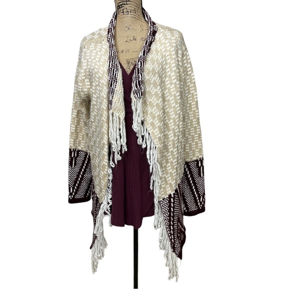 UMGEE Fringed Boho Aztec Cardigan Burgundy and Cream Size XL - Picture 3 of 11